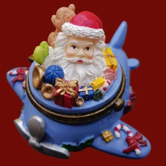Santa Claus Airplane Trinket Box With Holiday Decorations & Gifts - Picture 1 of 9